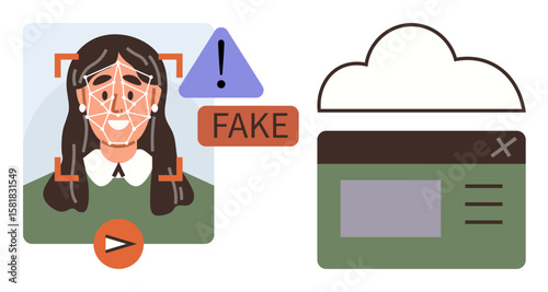 Facial recognition scanning a face with warning for fake detection, integration with cloud system. Ideal for AI technology, cybersecurity, online fraud, identity verification, digital privacy