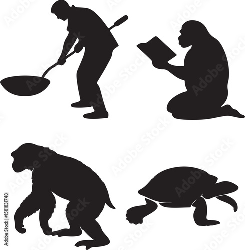 Silhouette Frying Pan, Book, and Gorilla Icon Vector Design – Solid Black Kitchen, Education, and Wildlife Clipart for Creative Themes