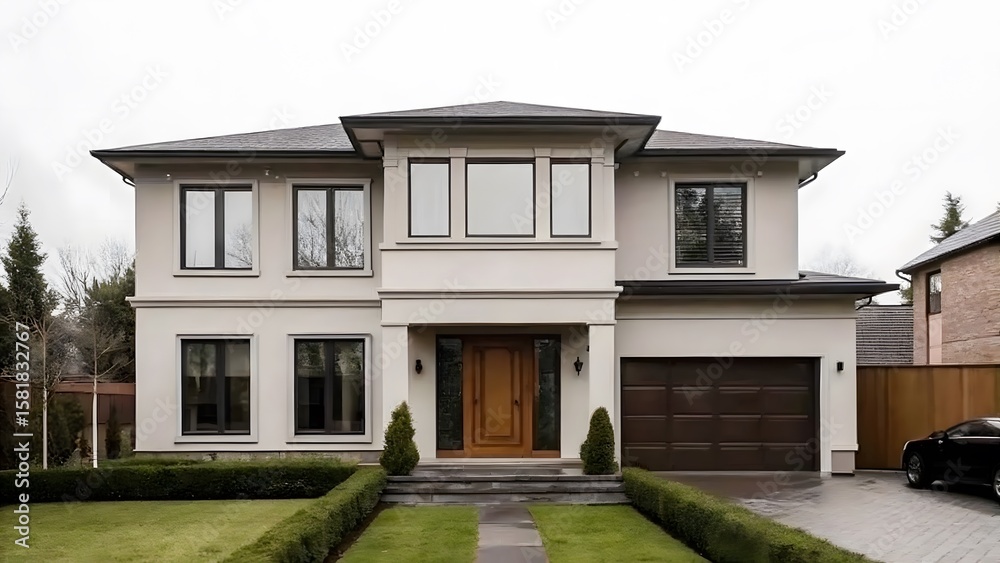 Fototapeta premium Modern Two-Story Residential House with Elegant Exterior and Wooden Garage Door