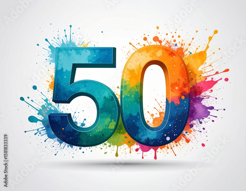 Artistic Watercolor Number 50: Golden Jubilee Celebration, Significant Milestone & Fifty Percent Concept, Creative Design for Anniversary & Achievement

