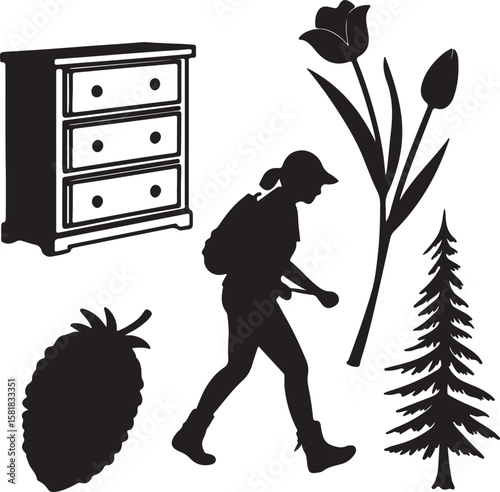Silhouette Dresser and Tulip Icon Vector Design – Solid Black Furniture and Floral Clipart for Home Decor and Botanical Themes