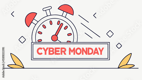 Illustration of a red alarm clock above cyber monday text with floral accents and star decorations above it