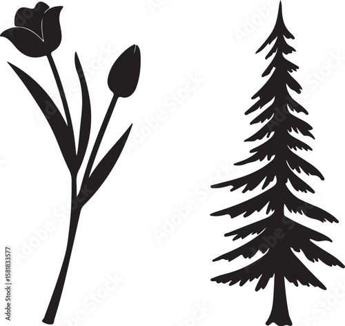 Silhouette Dresser and Tulip Icon Vector Design – Solid Black Furniture and Floral Clipart for Home Decor and Botanical Themes
