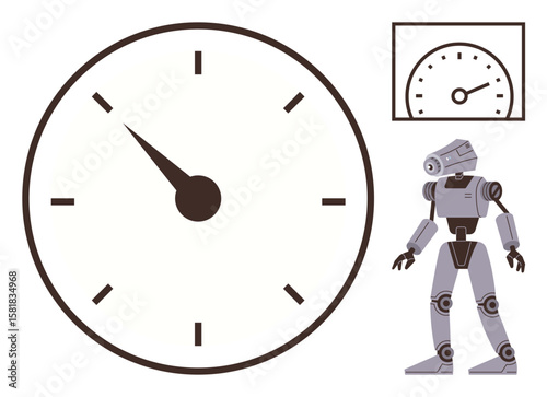 Robot standing near a clock and speedometer, signifying efficiency, time management, and innovation. Ideal for automation, technology, robotics, productivity, time optimization futuristic themes