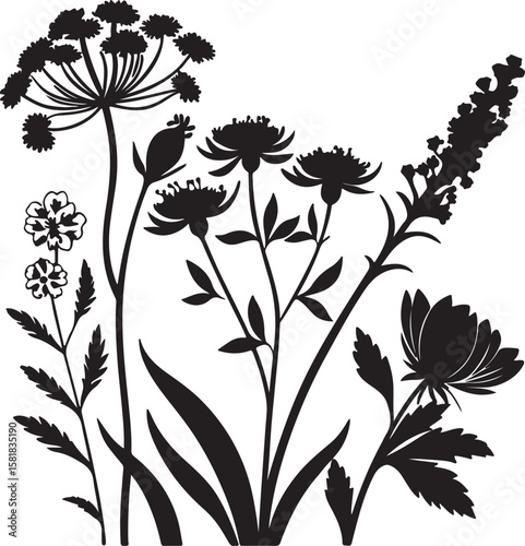 Flower Set Silhouette Vector Icon Design – Solid Black Botanical Clipart Collection for Nature, Garden & Decor Themes