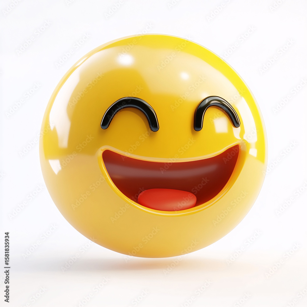 Fototapeta premium 3D happy emoji character with big smile and closed eyes on glossy yellow face over white background 