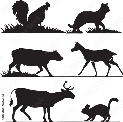 Silhouette Hen, Dog, Cat, Cow, and Deer Icon Vector Design – Solid Black Animal Icons for Farm, Pet, and Wildlife Themes