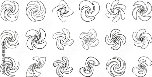 Whirlwind and Twister Icon Set Featuring Spirals and Stormy Visuals in Line Format