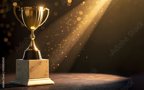 Golden Trophy Cup Under Spotlight on Black Background