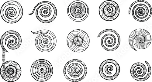 Minimalist black swirl and spiral pattern collection in abstract line style on white background for modern design