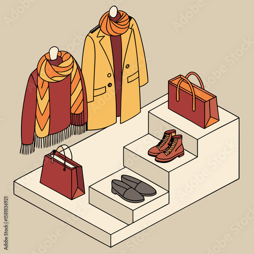 Isometric display of autumn fashion featuring coats scarves bags and shoes on tiered platforms in warm tones