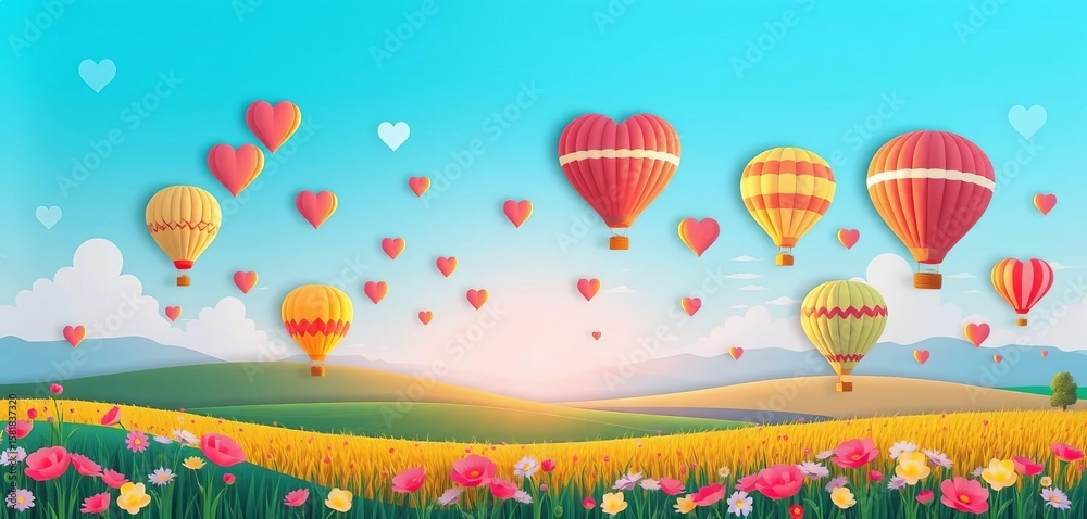 Obraz premium Paper cut style summer field landscape with hot air balloons, blue sky, and hearts; idyllic spring panorama , cartoon, illustration