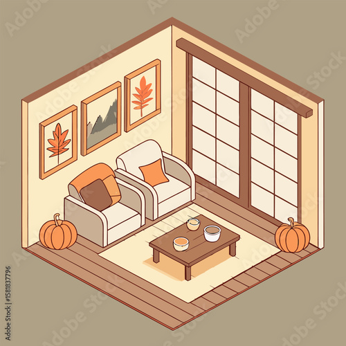 Isometric view of a cozy autumn themed living room with armchairs pumpkins and leaf artwork hanging on wall