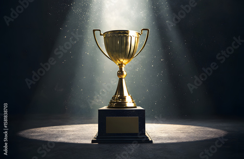 Golden Trophy Cup Under Spotlight on Black Background