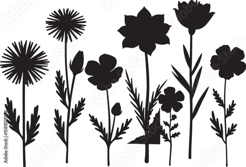 Flower Set Silhouette Vector Icon Design – Solid Black Botanical Clipart Collection for Nature, Garden & Decor Themes