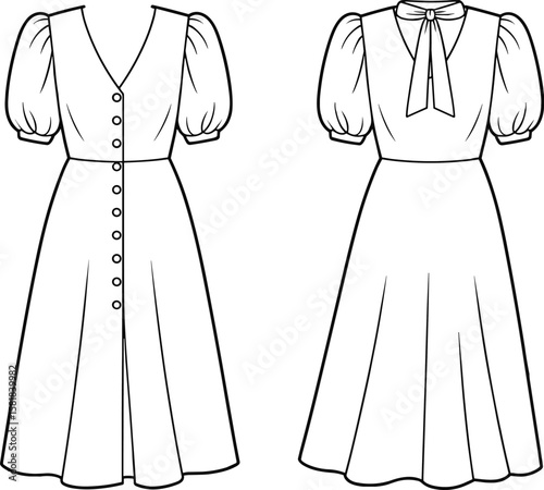 Elegant vintage-inspired puff sleeve dress fashion technical sketch, button down front, tie neck back, flared skirt, flat vector illustration