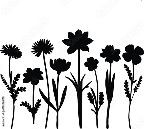 Flower Set Silhouette Vector Icon Design – Solid Black Botanical Clipart Collection for Nature, Garden & Decor Themes