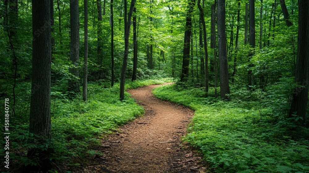 Obraz premium Forest Pathway Through Trees Leading Into a Serene Green Nature Scene