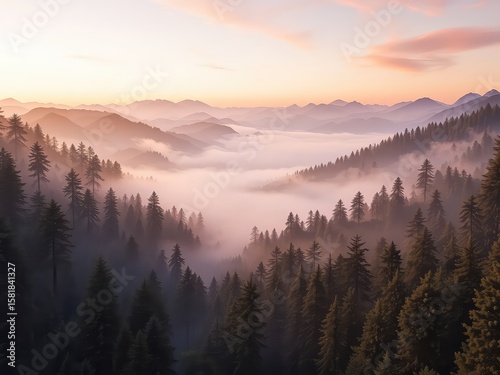 Fog-filled valley surrounded by mountain ranges and evergreen forests under a pastel sky at dawn