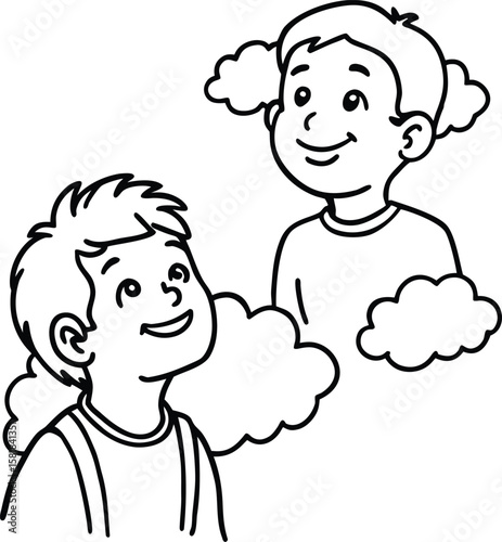 Two happy children with fluffy clouds around them in a simple line drawing style