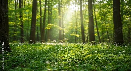 Sunlit Forest with Green Trees and Wildflowers in Morning Light