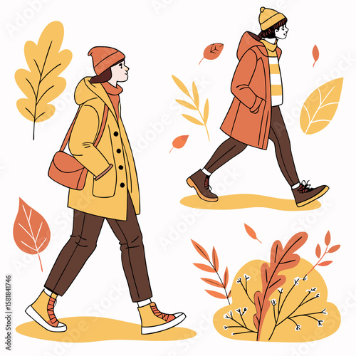 Two women walking in autumn attire surrounded by falling leaves in a seasonal outdoor scene illustration