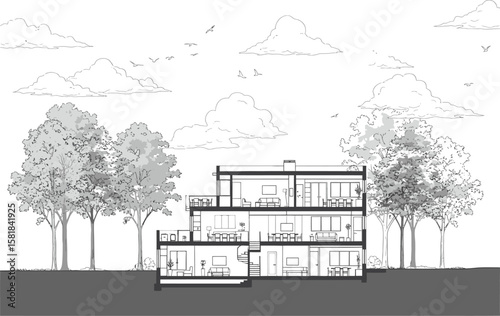Architectural section drawing of a modern multi story lake side home with trees and clouds
