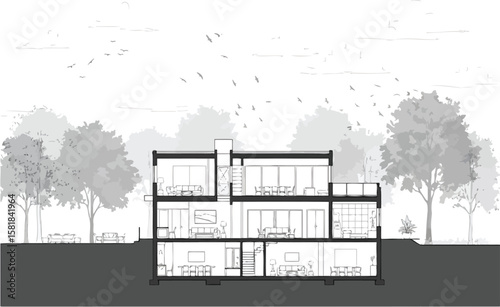 Architectural cross section of a modern multi story lake side home with trees and sky
