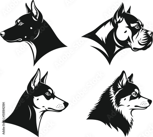 Four stylized black and white dog head silhouettes facing right