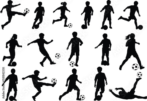 Diverse group of children and teenagers playing soccer in silhouette style