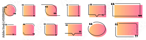 Quote frame icon set in various shapes like square, circle, and speech bubbles. Each has a unique gradient color, perfect for digital content, web design, blogs, or social media.