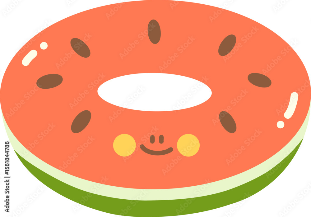Obraz premium Cute cartoon donut with smiling face, featuring pink frosting and green base. This whimsical design is perfect for children themes, food illustrations, or playful graphics