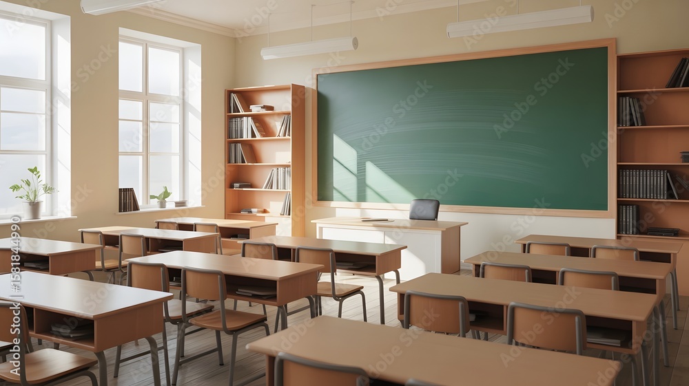 custom made wallpaper toronto digitalBright and Clean Classroom Interior with Desks Chalkboard and Bookshelf for Learning