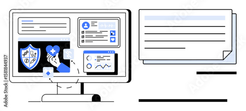 Wallpaper Mural Computer monitor displaying medical charts, graphs, patient data, and a health shield. Ideal for healthcare, medical technology, system management, data security, digital tools education simple Torontodigital.ca