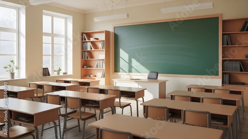 Wallpaper Mural Bright and Clean Classroom Interior with Desks Chalkboard and Bookshelf for Learning Torontodigital.ca