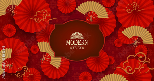 Exquisite red design with Chinese fan and isolated figured frame.