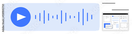 Blue play button with soundwave graphic indicating audio playback, web interface elements suggest editing or customization options. Ideal for media, audio, technology, UI, multimedia, data, workflow