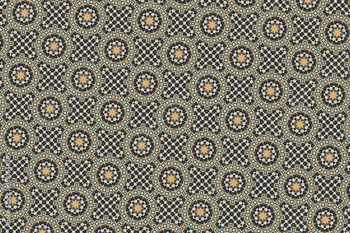 Classic geometric design with circles and squares, intricate black and yellow textile pattern, sophisticated home decor, modern vintage wallpaper, elegant interior design print, timeless geometric mot