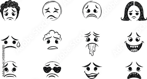 Funny emotional reaction face icon set in black and white, including sad, shocked, angry, and crying expressions, perfect for reaction content and fun designs.