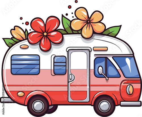 Colorful Retro Camper Van with Flowers Illustration