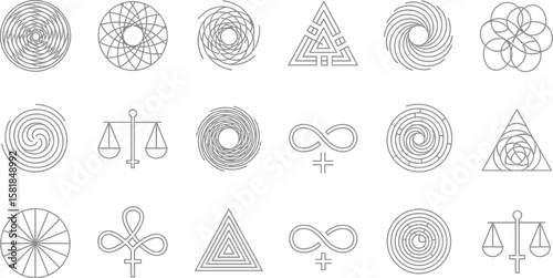 Geometric sacred symbols icon set with line style triangle, infinity, scales, and abstract circular designs, ideal for spiritual and mystical themed design work.
