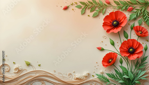 Red poppies in a creative floral border composition 