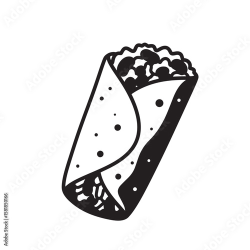 Black and white illustration of a filled burrito food mexican food