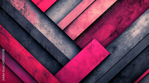 Abstract geometric design with overlapping, textured shapes in varying shades of pink, gray, and dark red