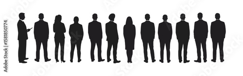 Crowd of Business man and woman People Silhouettes in Standing Positions A diverse group of individuals standing still in a side-facing silhouette. Great for society, or teamwork, company, work