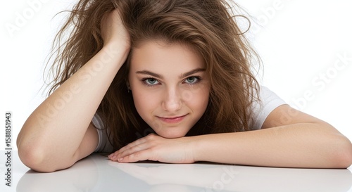 Young Woman with Wavy Hair Resting Head on Hand in Studio
