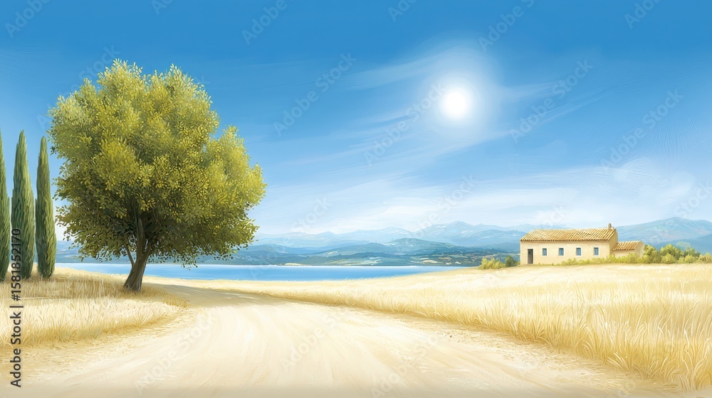 Obraz premium Picturesque country road leading to a charming house, serene landscape painting