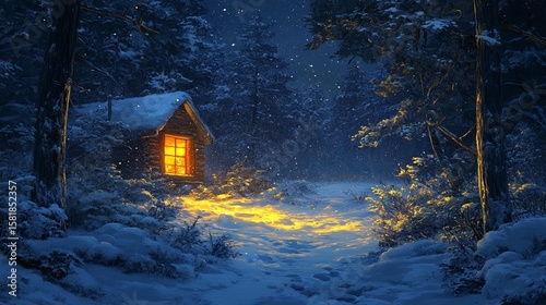 Winter Cabin, Snowy Forest Night