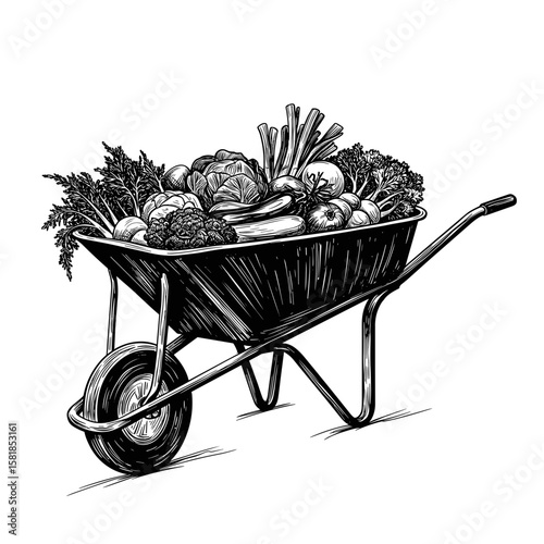 Wheelbarrow with vegetables filled with fresh produce in black and white  