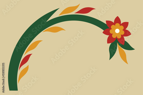 Decorative floral motif with a large stylized flower and swirling green leaves isolated on white background isolated on transparent background